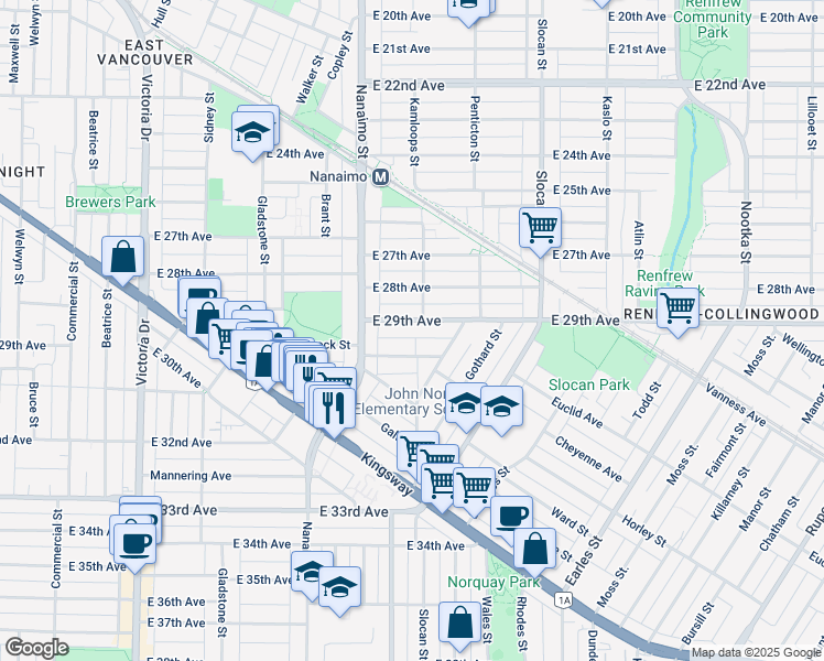 map of restaurants, bars, coffee shops, grocery stores, and more near 2488 East 29th Avenue in Vancouver