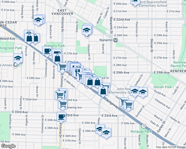 map of restaurants, bars, coffee shops, grocery stores, and more near Wenonah Street in Vancouver