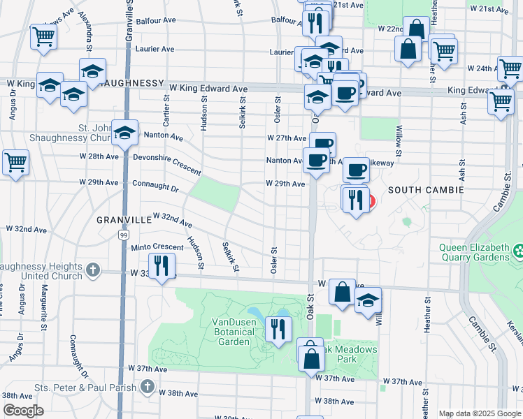 map of restaurants, bars, coffee shops, grocery stores, and more near 1120 Devonshire Crescent in Vancouver