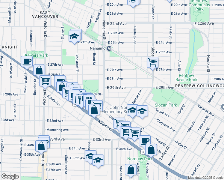 map of restaurants, bars, coffee shops, grocery stores, and more near 2448 East 29th Avenue in Vancouver