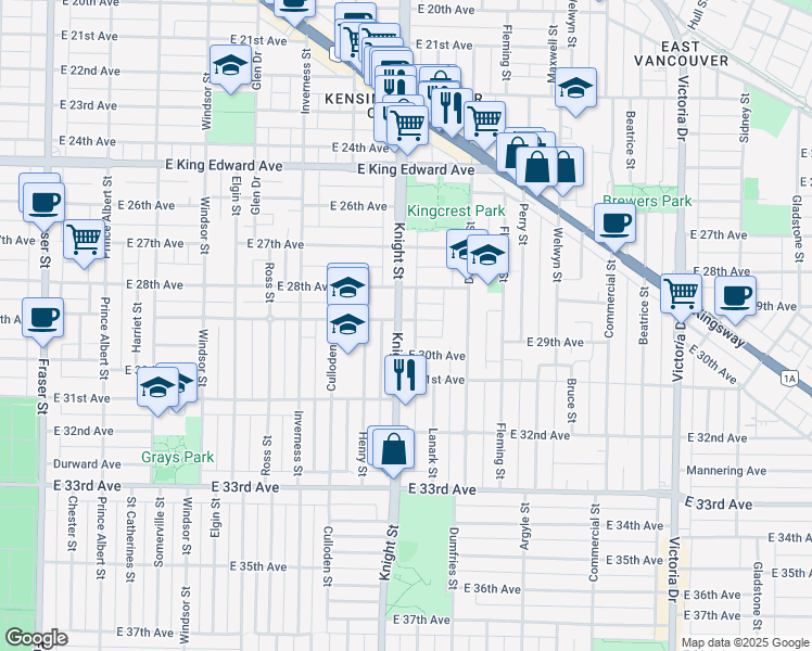 map of restaurants, bars, coffee shops, grocery stores, and more near 4508 Knight Street in Vancouver
