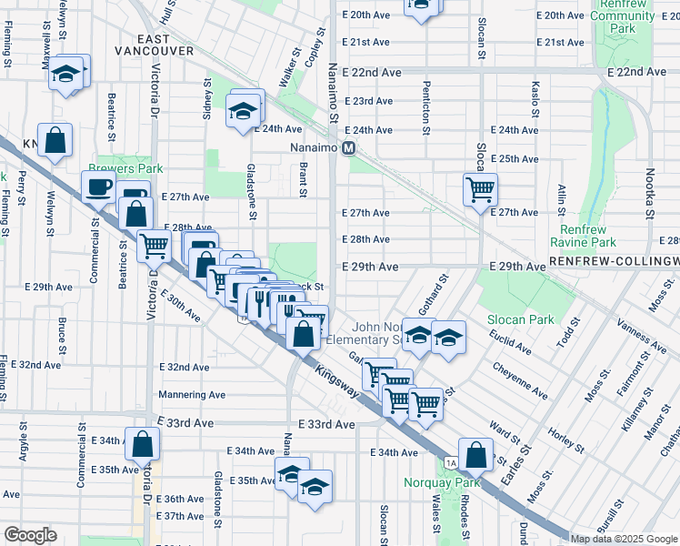 map of restaurants, bars, coffee shops, grocery stores, and more near 4502 Nanaimo Street in Vancouver