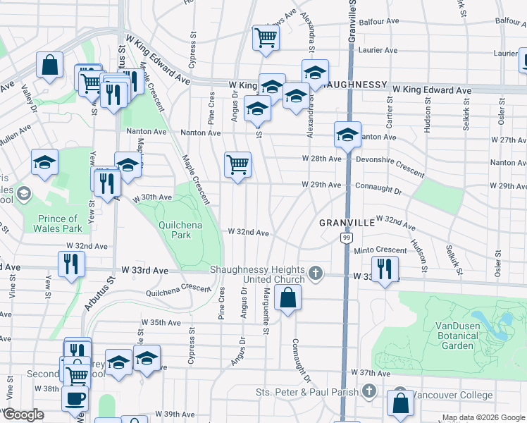 map of restaurants, bars, coffee shops, grocery stores, and more near 4611 Marguerite Street in Vancouver