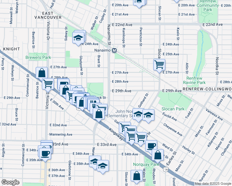 map of restaurants, bars, coffee shops, grocery stores, and more near 2440 East 29th Avenue in Vancouver