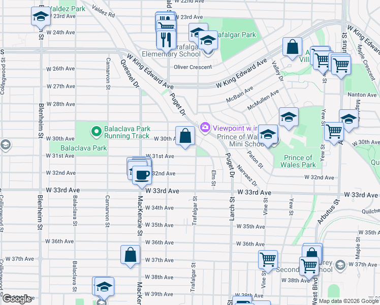 map of restaurants, bars, coffee shops, grocery stores, and more near 2715 West 31st Avenue in Vancouver