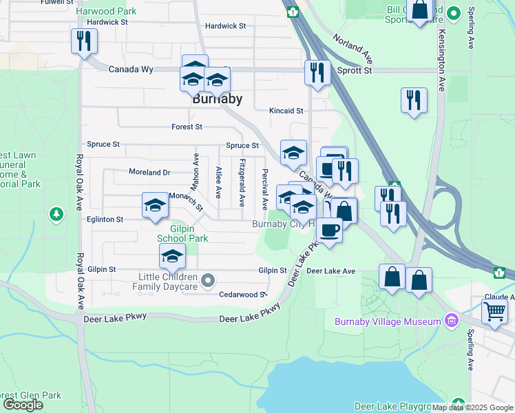 map of restaurants, bars, coffee shops, grocery stores, and more near 4489 Percival Avenue in Burnaby