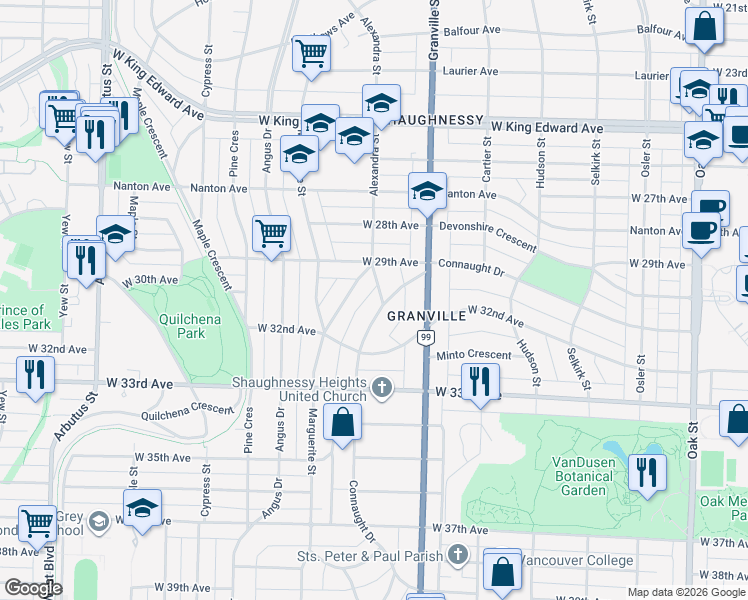map of restaurants, bars, coffee shops, grocery stores, and more near 4575 Alexandra Street in Vancouver