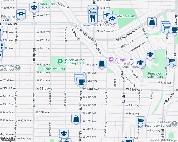map of restaurants, bars, coffee shops, grocery stores, and more near 2835 West 31st Avenue in Vancouver