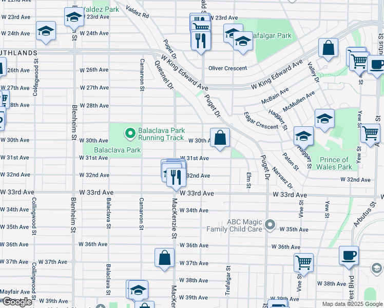 map of restaurants, bars, coffee shops, grocery stores, and more near 2837 West 31st Avenue in Vancouver