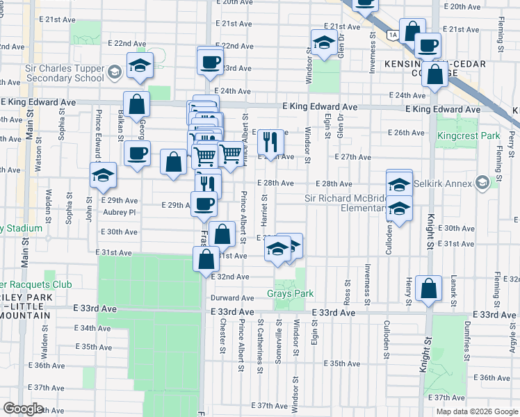 map of restaurants, bars, coffee shops, grocery stores, and more near 4519 Harriet Street in Vancouver