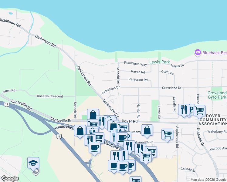 map of restaurants, bars, coffee shops, grocery stores, and more near 6577 Groveland Drive in Nanaimo