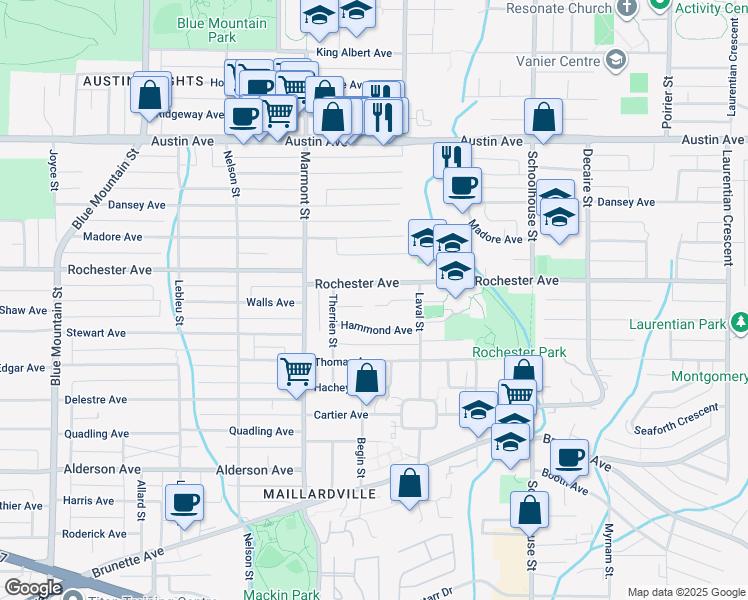map of restaurants, bars, coffee shops, grocery stores, and more near 1135 Vanier Avenue in Coquitlam