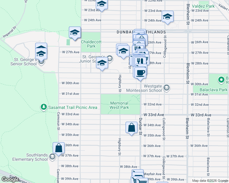 map of restaurants, bars, coffee shops, grocery stores, and more near 3825 West 31st Avenue in Vancouver