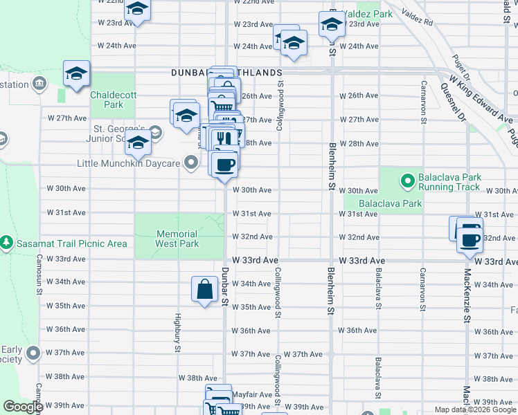 map of restaurants, bars, coffee shops, grocery stores, and more near 3537 West 31st Avenue in Vancouver