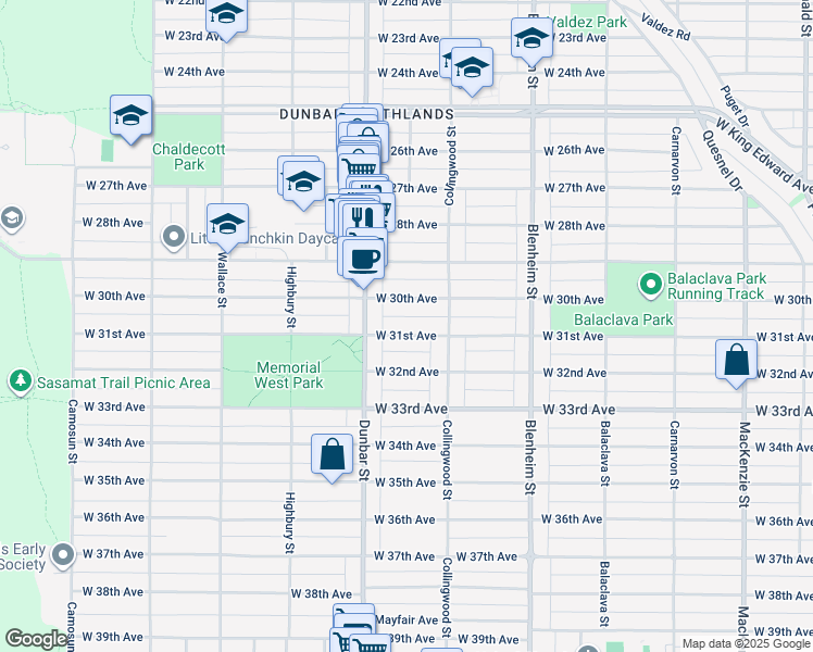 map of restaurants, bars, coffee shops, grocery stores, and more near 3553 West 31st Avenue in Vancouver