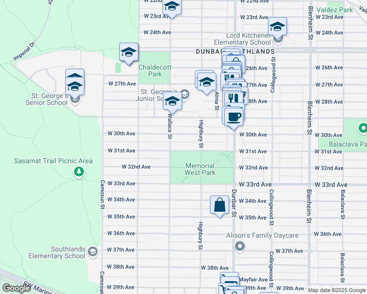 map of restaurants, bars, coffee shops, grocery stores, and more near 3857 West 31st Avenue in Vancouver