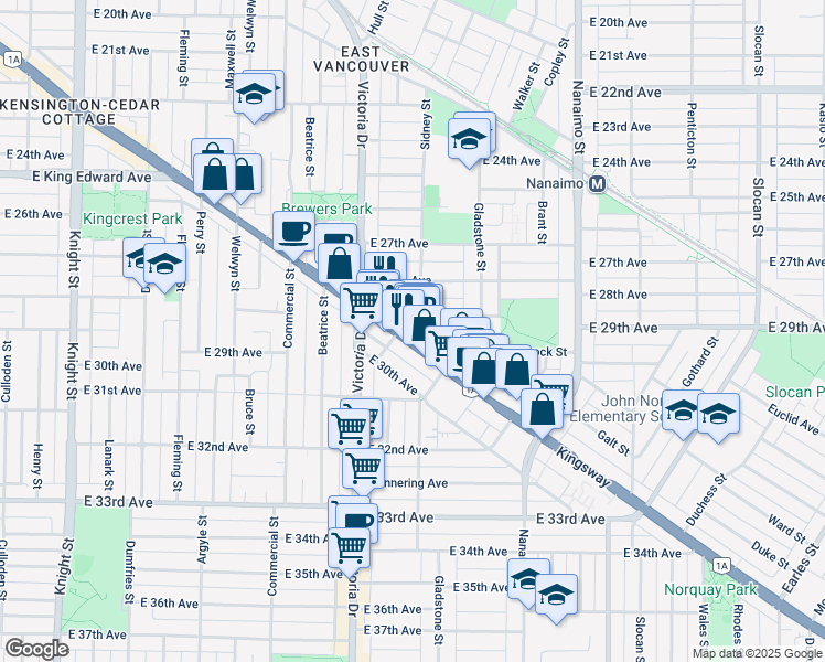 map of restaurants, bars, coffee shops, grocery stores, and more near 2141 Kingsway in Vancouver