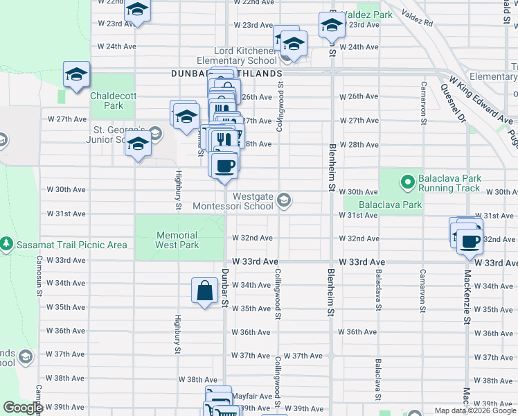 map of restaurants, bars, coffee shops, grocery stores, and more near in Vancouver