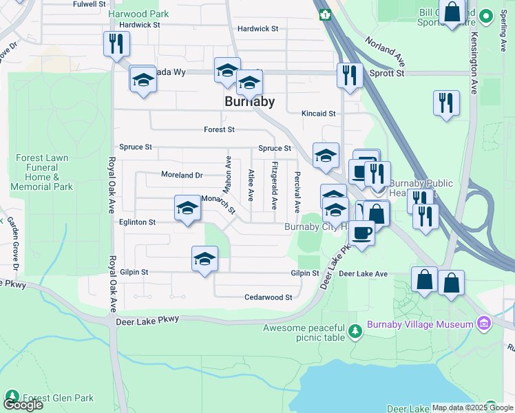 map of restaurants, bars, coffee shops, grocery stores, and more near 4470 Atlee Avenue in Burnaby