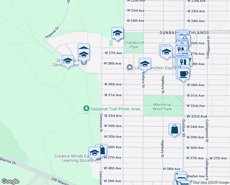 map of restaurants, bars, coffee shops, grocery stores, and more near 4035 West 31st Avenue in Vancouver