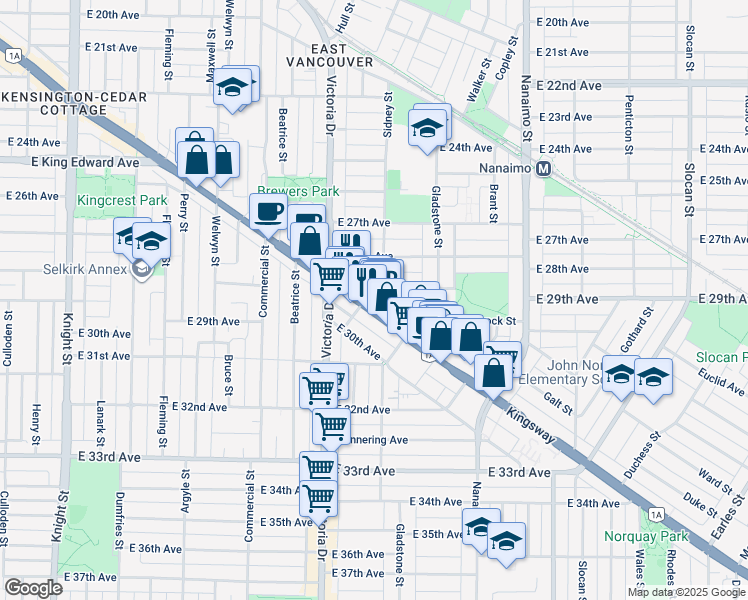 map of restaurants, bars, coffee shops, grocery stores, and more near 2141 Kingsway in Vancouver