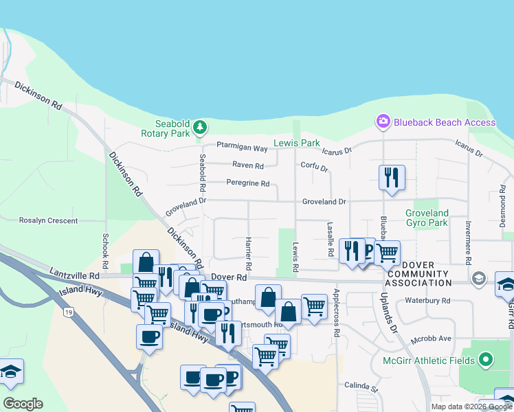 map of restaurants, bars, coffee shops, grocery stores, and more near 6491 Groveland Drive in Nanaimo