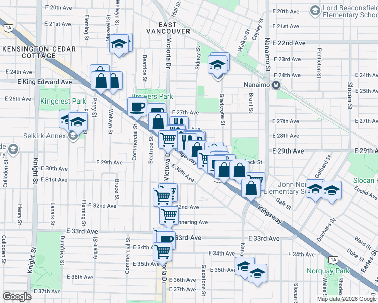 map of restaurants, bars, coffee shops, grocery stores, and more near 2141 Kingsway in Vancouver