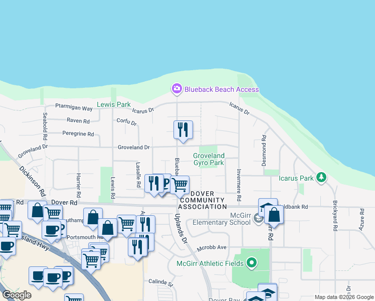 map of restaurants, bars, coffee shops, grocery stores, and more near 6285 Groveland Drive in Nanaimo