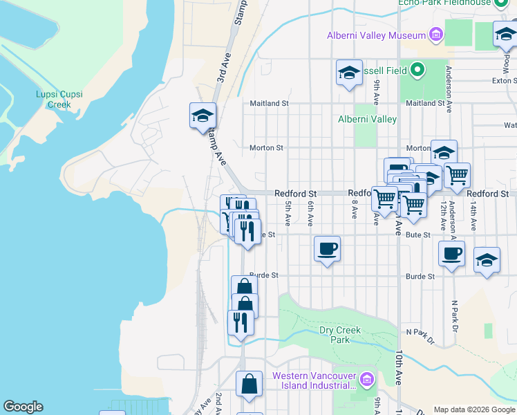 map of restaurants, bars, coffee shops, grocery stores, and more near 3784 4th Avenue in Port Alberni
