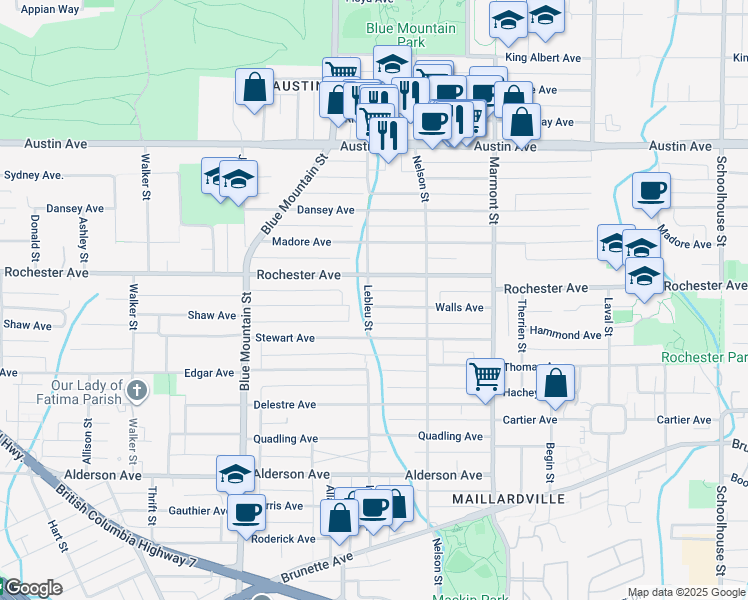 map of restaurants, bars, coffee shops, grocery stores, and more near 970 Madore Avenue in Coquitlam
