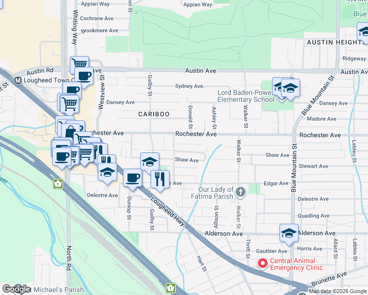 map of restaurants, bars, coffee shops, grocery stores, and more near 663 Shaw Avenue in Coquitlam