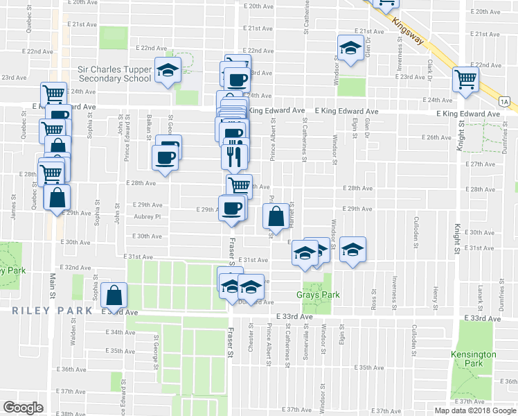 map of restaurants, bars, coffee shops, grocery stores, and more near 762 East 29th Avenue in Vancouver