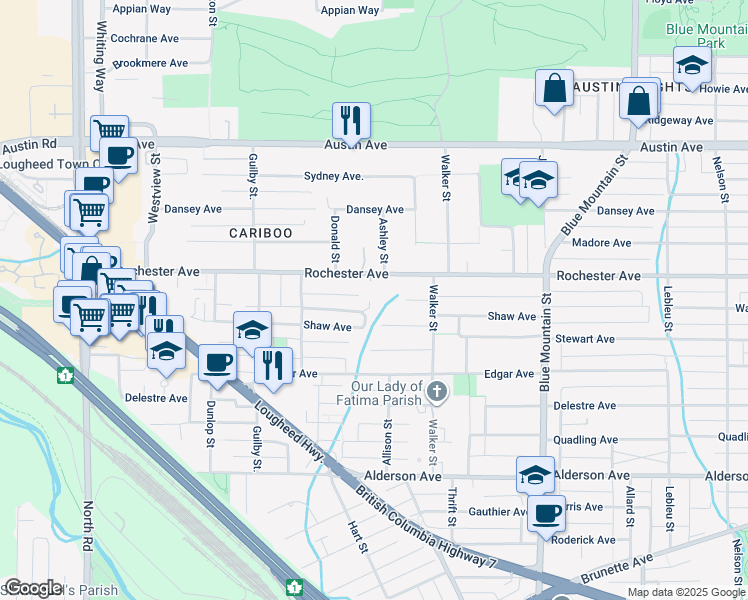 map of restaurants, bars, coffee shops, grocery stores, and more near 731 Shaw Avenue in Coquitlam
