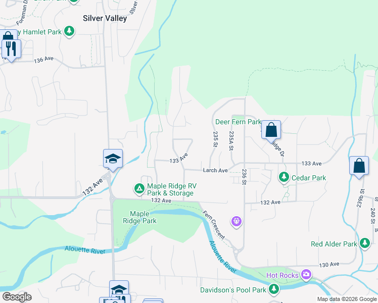 map of restaurants, bars, coffee shops, grocery stores, and more near 23476 133 Avenue in Maple Ridge
