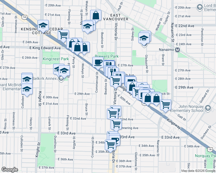 map of restaurants, bars, coffee shops, grocery stores, and more near 4476 Beatrice Street in Vancouver