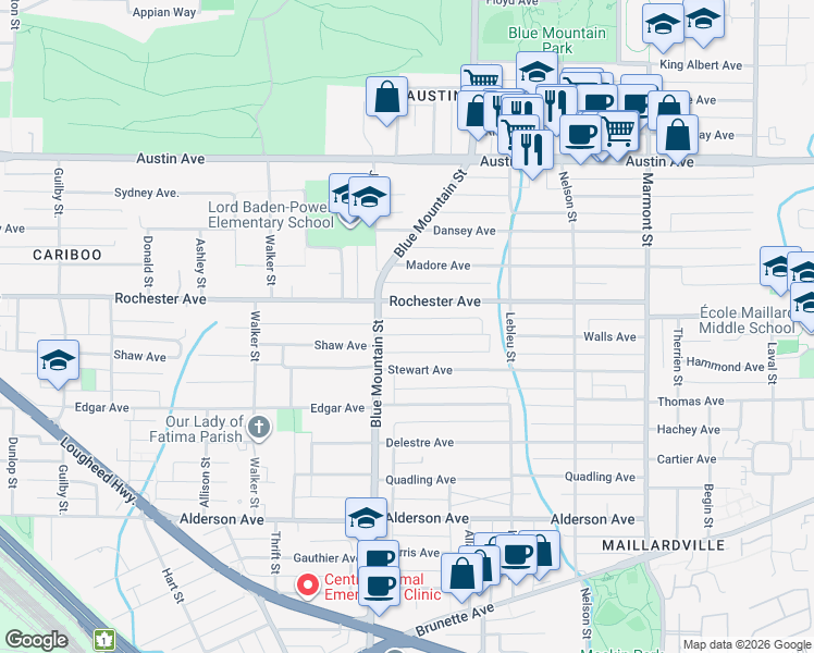 map of restaurants, bars, coffee shops, grocery stores, and more near 915 Walls Avenue in Coquitlam