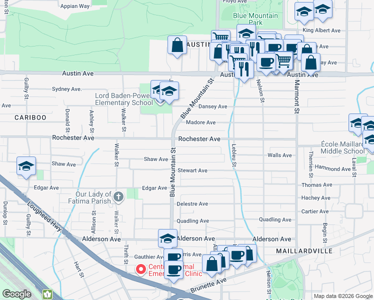 map of restaurants, bars, coffee shops, grocery stores, and more near in Coquitlam