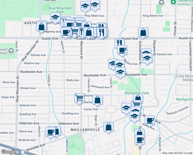 map of restaurants, bars, coffee shops, grocery stores, and more near 1124 Rochester Avenue in Coquitlam