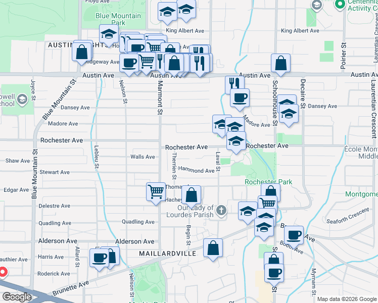 map of restaurants, bars, coffee shops, grocery stores, and more near 1124 Rochester Avenue in Coquitlam