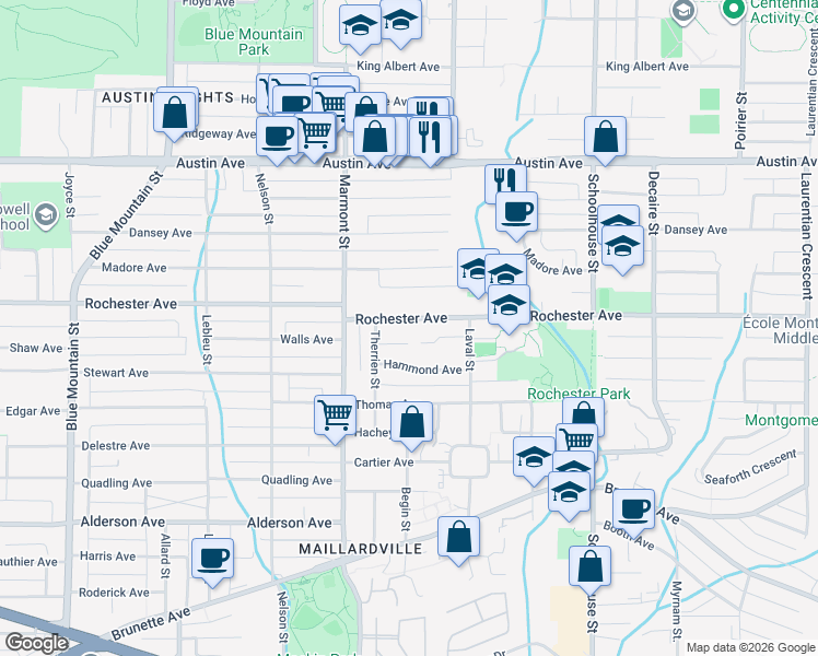 map of restaurants, bars, coffee shops, grocery stores, and more near 1124 Rochester Avenue in Coquitlam