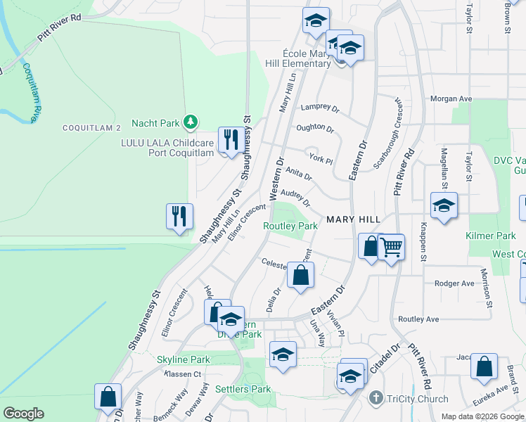 map of restaurants, bars, coffee shops, grocery stores, and more near 1594 Elinor Crescent in Port Coquitlam