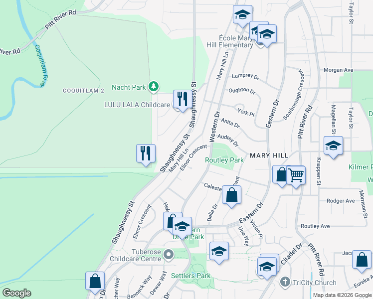 map of restaurants, bars, coffee shops, grocery stores, and more near Mary Hill Lane in Port Coquitlam