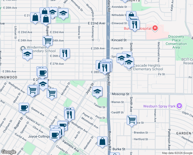 map of restaurants, bars, coffee shops, grocery stores, and more near 3625 East 29th Avenue in Vancouver