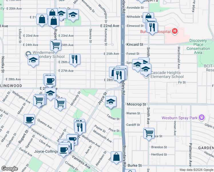 map of restaurants, bars, coffee shops, grocery stores, and more near 3609 East 29th Avenue in Vancouver