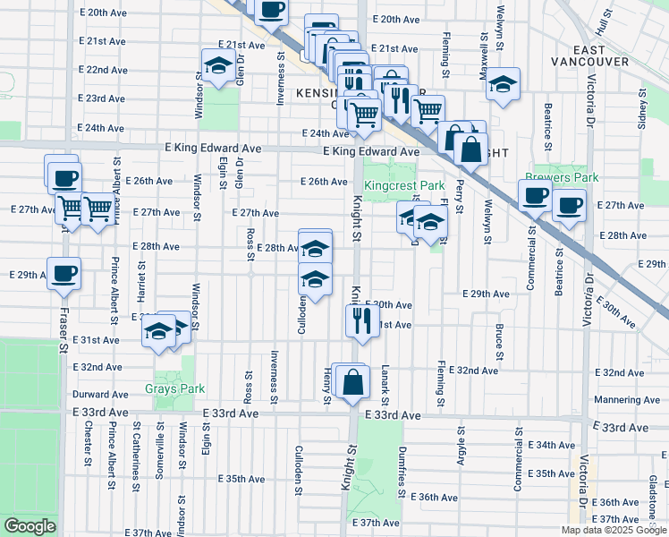 map of restaurants, bars, coffee shops, grocery stores, and more near 1341 East 29th Avenue in Vancouver
