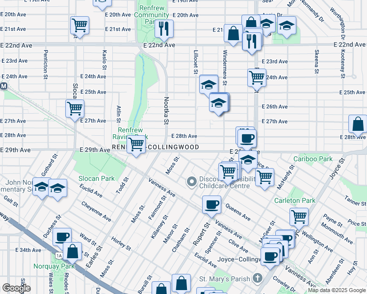 map of restaurants, bars, coffee shops, grocery stores, and more near 3043 East 29th Avenue in Vancouver