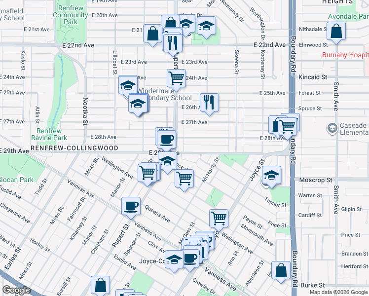 map of restaurants, bars, coffee shops, grocery stores, and more near 3309 East 29th Avenue in Vancouver
