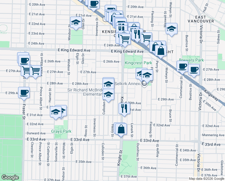 map of restaurants, bars, coffee shops, grocery stores, and more near 1323 East 29th Avenue in Vancouver