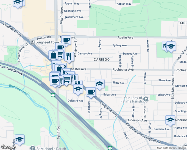map of restaurants, bars, coffee shops, grocery stores, and more near 606 Rochester Avenue in Coquitlam