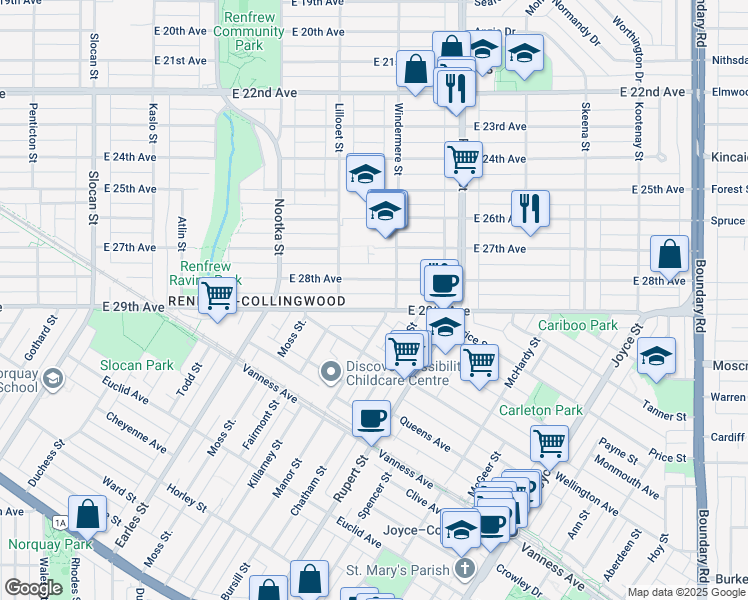 map of restaurants, bars, coffee shops, grocery stores, and more near in Vancouver